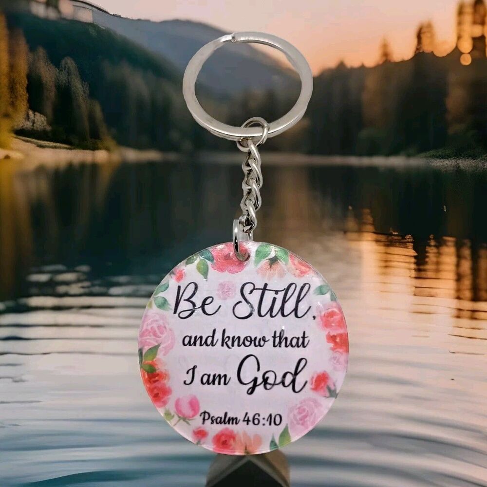 "Be Still and know... " - Pink Floral Inspirational Bible Verse Keychain - New